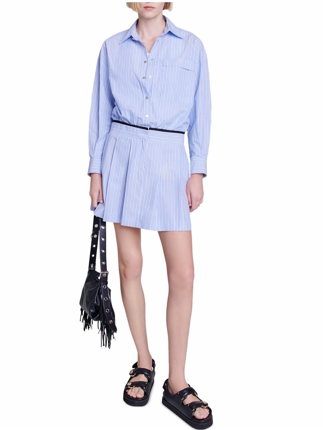 Maje Light Blue Cotton Pinstripe Mini Button Down Pleated Shirtdress Size 42 Nwt